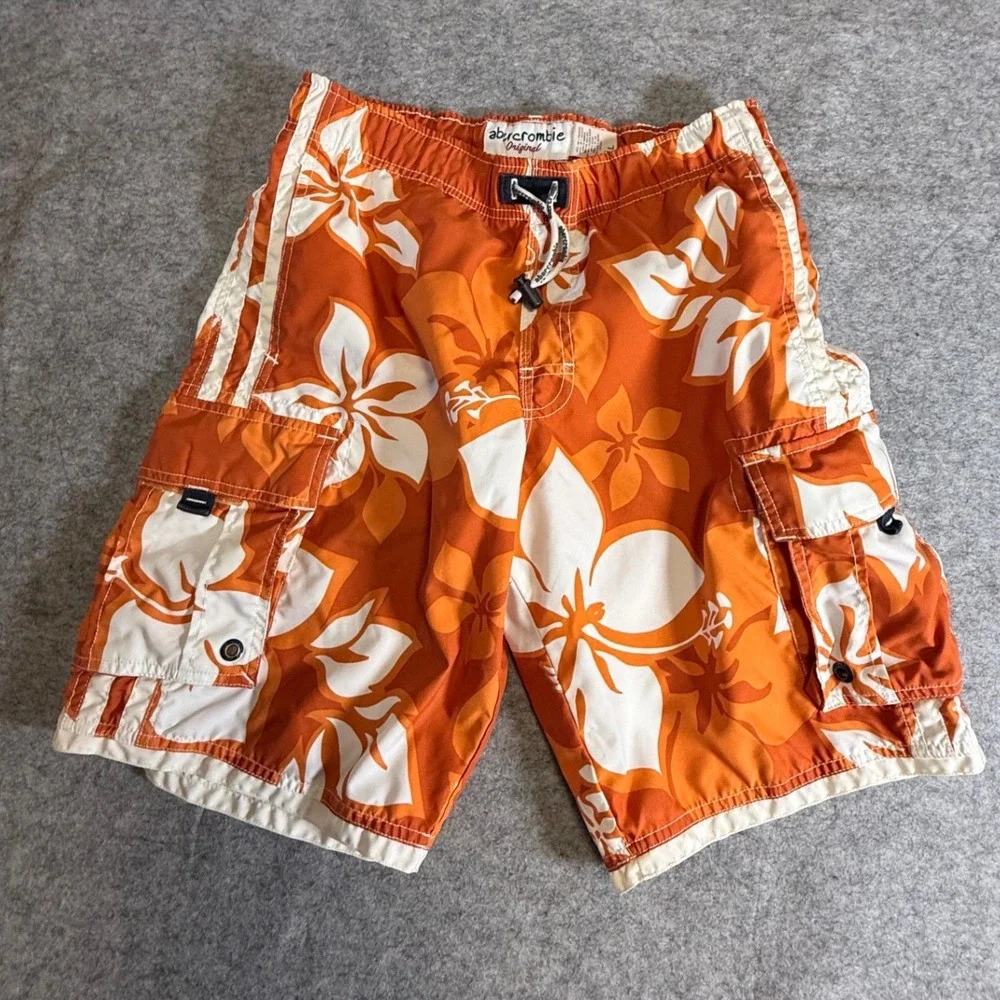 Abercrombie Original Boys Size L 14 Orange Hawaiian Floral Cargo Swim Trunks